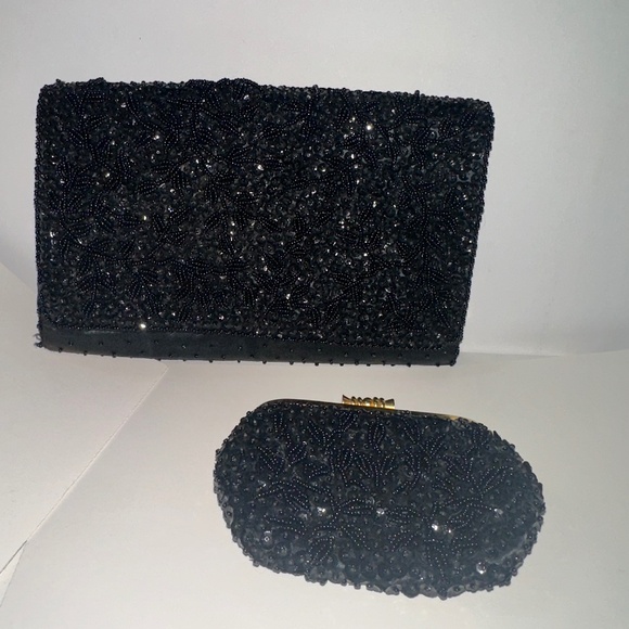 La Regale Vintage Black Beaded Evening Clutch Bags Set  Satin & Bead - Picture 1 of 5